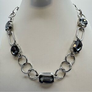 New Silver Tone Black Faceted Crystal Link Necklace Modern Statement 17–19.5”